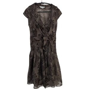 Kay Unger New York Brown Burnout Silk Lined Wrap Dress Size 10 Paisley Damask